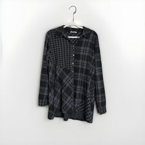 Soft Surroundings Paramour Black Gray Soft Button Front Plaid Tunic Top XL READ